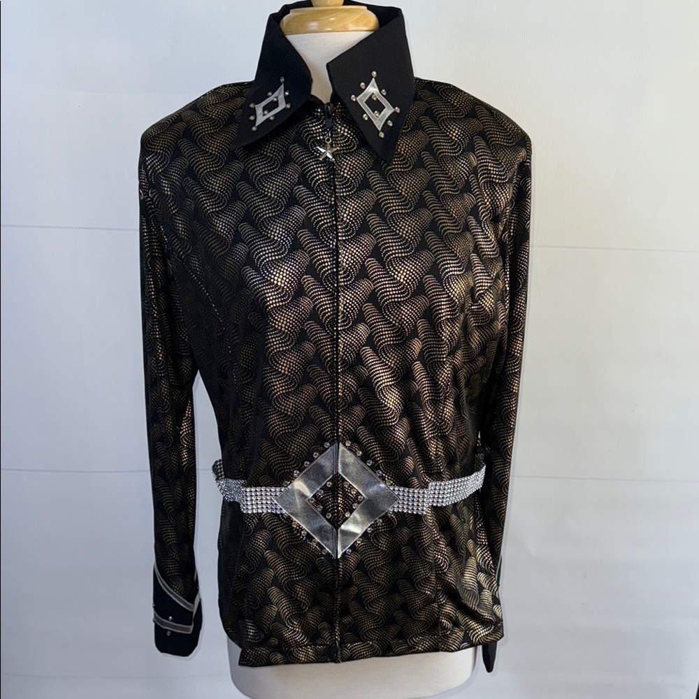 CJ Apparel Western Rodeo Black and Gold Patterned Zip up Blouse - NWOT